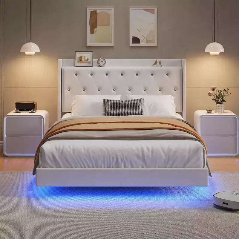 Lit plateforme capitonné avec étagère, dossier à oreilles, Noir/Blanc – Grand lit/Très grand lit, 1 personne