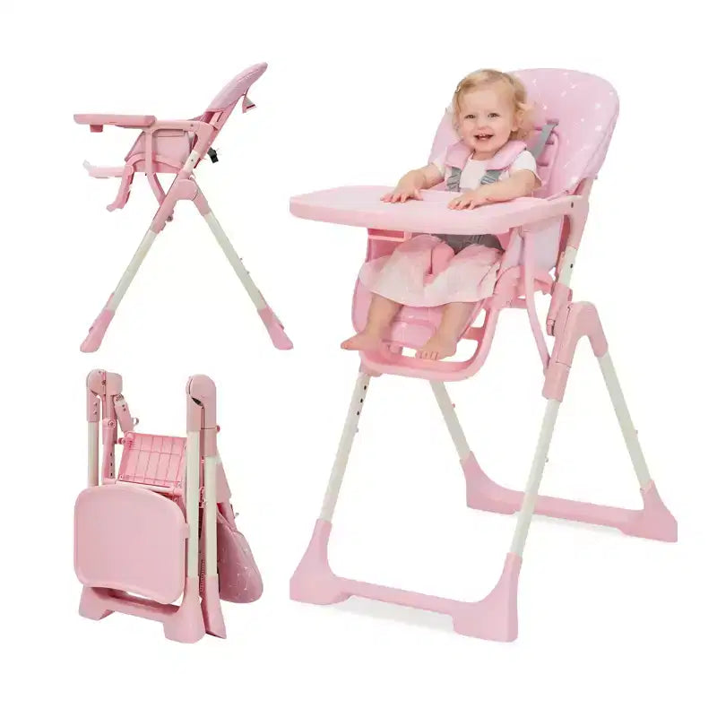 Chaise haute bébé pliante bleue / grise / rose avec plateau amovible, pour 1 enfant