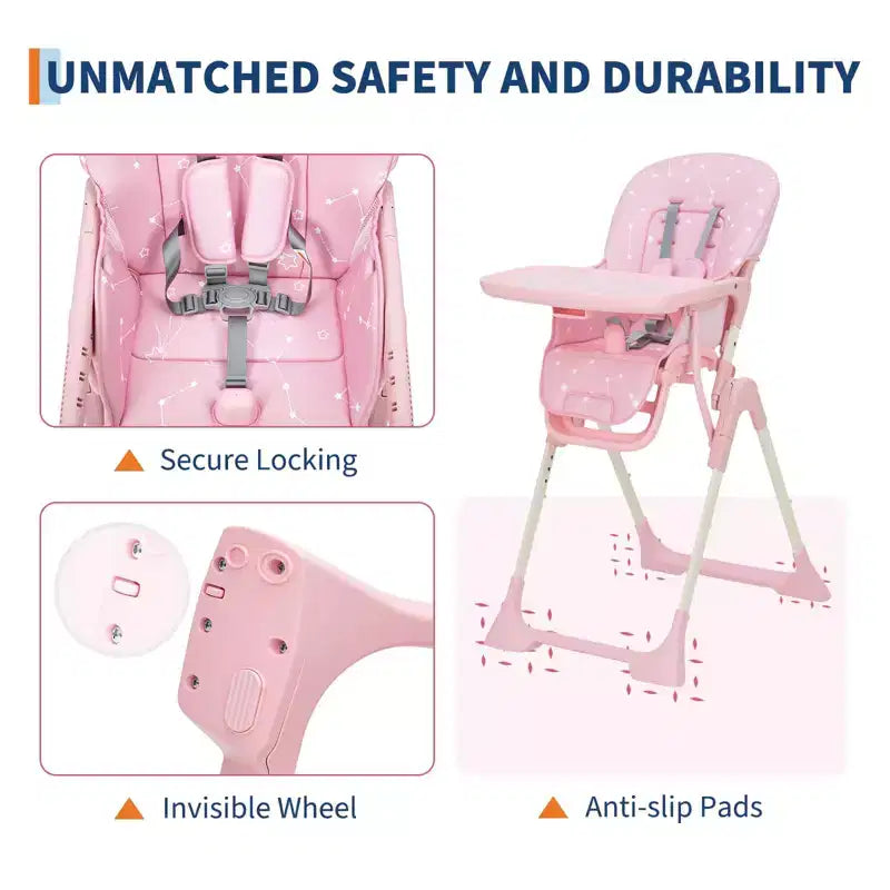 Chaise haute bébé pliante bleue / grise / rose avec plateau amovible, pour 1 enfant