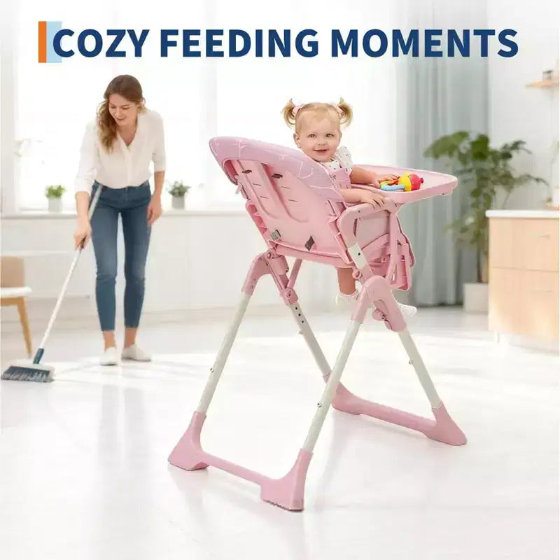 Chaise haute bébé pliante bleue / grise / rose avec plateau amovible, pour 1 enfant
