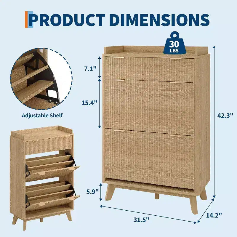 Meuble à chaussures cannelé noyer/bois – Autonome, 26 paires