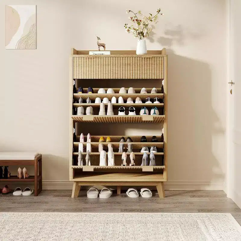 Meuble à chaussures cannelé noyer/bois – Autonome, 26 paires
