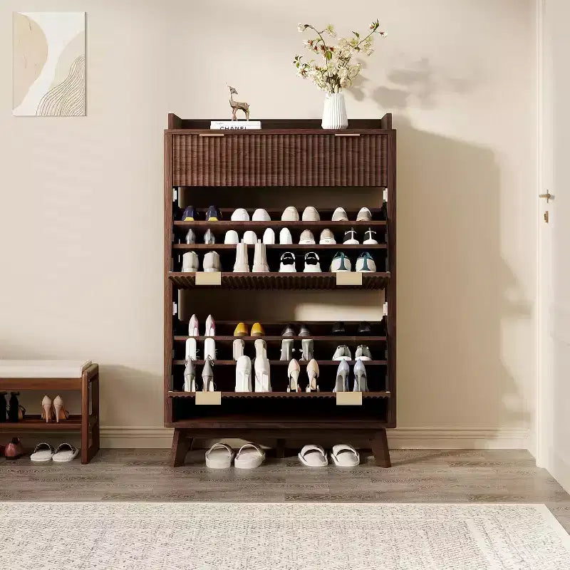 Meuble à chaussures cannelé noyer/bois – Autonome, 26 paires