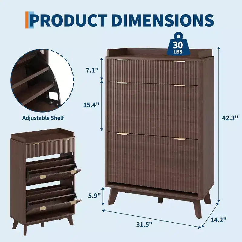 Meuble à chaussures cannelé noyer/bois – Autonome, 26 paires