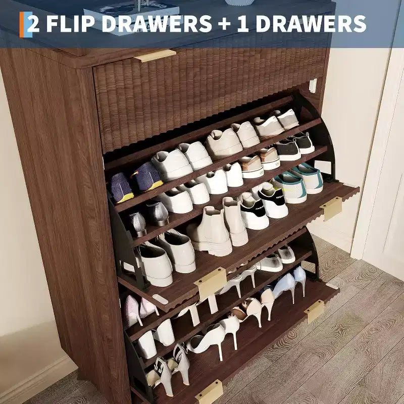 Meuble à chaussures cannelé noyer/bois – Autonome, 26 paires