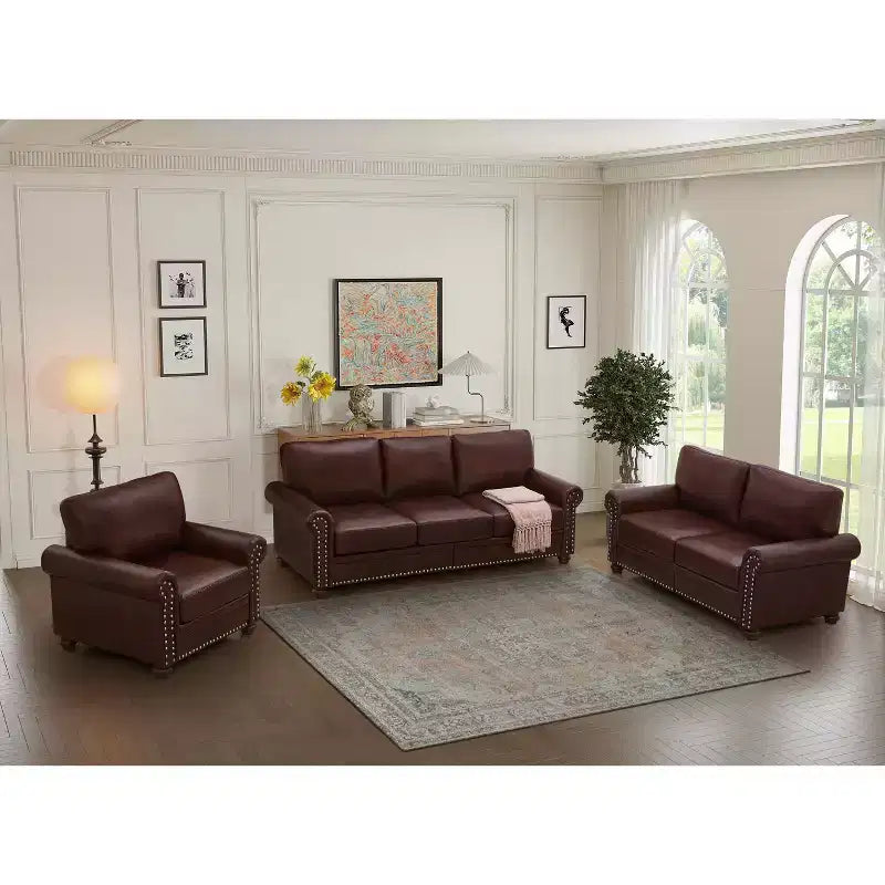 MAYEERTY 3 Pieces Sectional Faux Leather Sofa with Storage Silver Nails for Living Room Burgundy