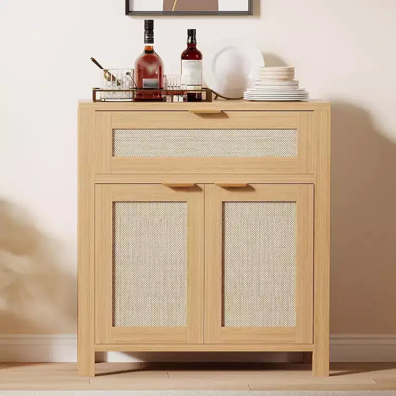 Rattan Sideboard Buffet Cabinet, Modern Farmhouses Storage Cabinet with Drawer, Narrow Coffee Bar Buffet Cabinet for Kitchen Dining Room,Living Room
