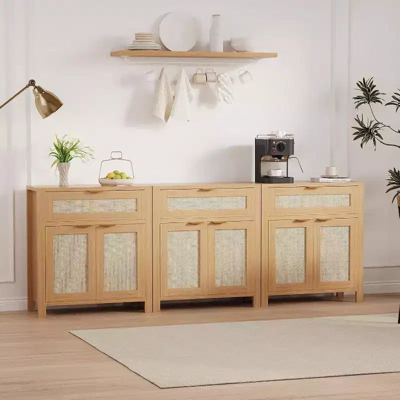 Buffet à 2 portes en rotin naturel avec tiroir, montage par 1 personne