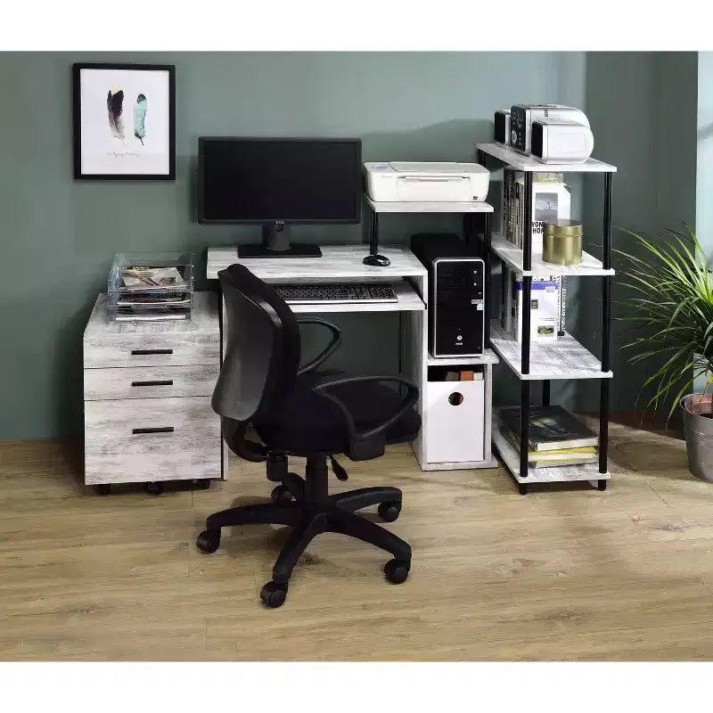 Bureau individuel en chêne vieilli / noir / marron avec tablette coulissante et rangements
