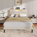 Full Size Platform Bed Frame with Storage Headboard LED Lights Charging Station Beige Upholstered USB Wood Slats Support No Box Spring Needed