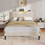 Full Size Platform Bed Frame with Storage Headboard LED Lights Charging Station Beige Upholstered USB Wood Slats Support No Box Spring Needed