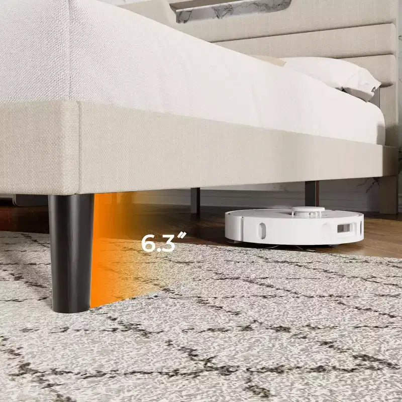 Cadre de lit plateforme capitonné beige pleine grandeur pour 1 personne – Lumières LED et station de recharge