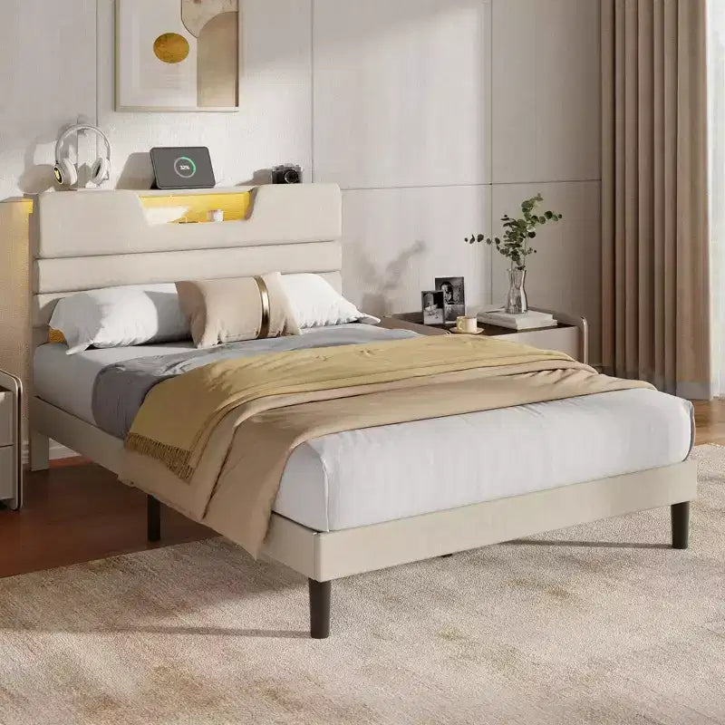 Cadre de lit plateforme capitonné beige pleine grandeur pour 1 personne – Lumières LED et station de recharge