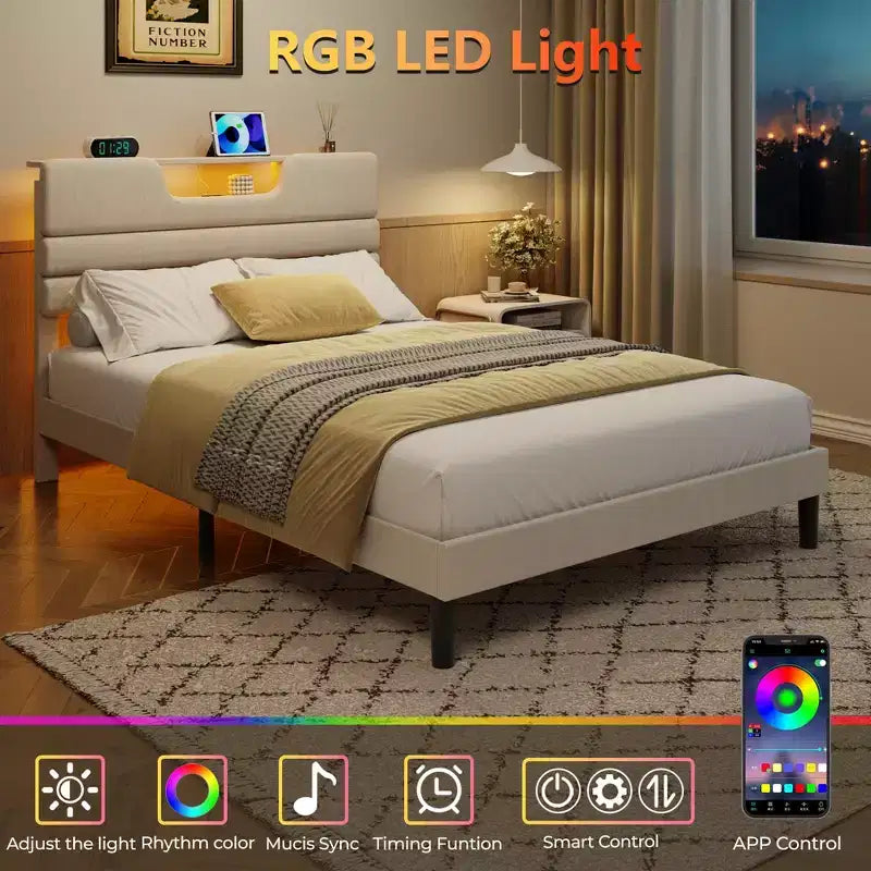 Cadre de lit plateforme capitonné beige pleine grandeur pour 1 personne – Lumières LED et station de recharge