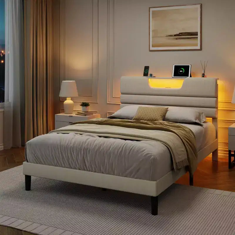 Cadre de lit plateforme capitonné beige pleine grandeur pour 1 personne – Lumières LED et station de recharge