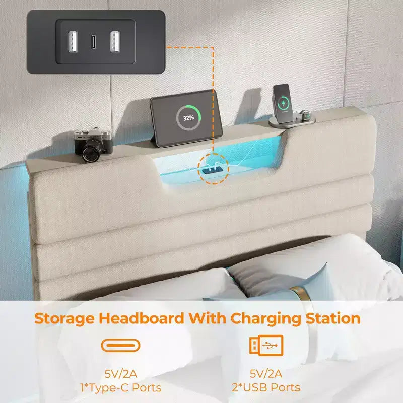 Cadre de lit plateforme capitonné beige pleine grandeur pour 1 personne – Lumières LED et station de recharge