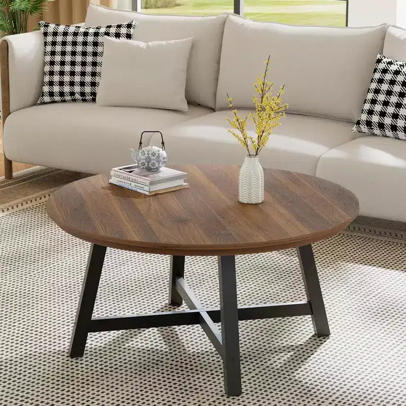 Table basse ronde noire/marron, style industriel, 1 pièce