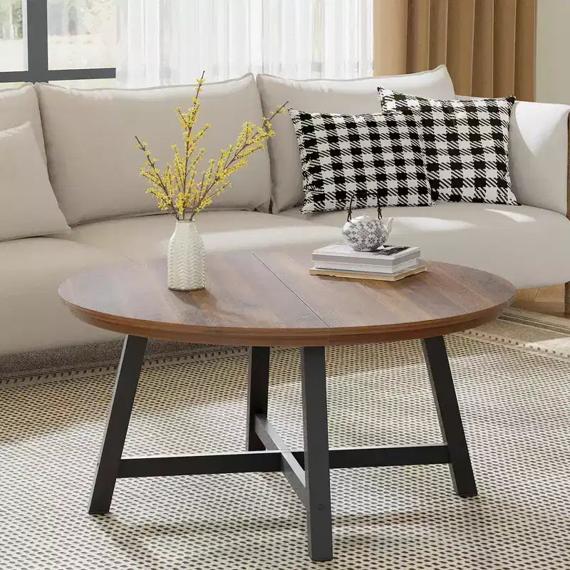 Table basse ronde noire/marron, style industriel, 1 pièce