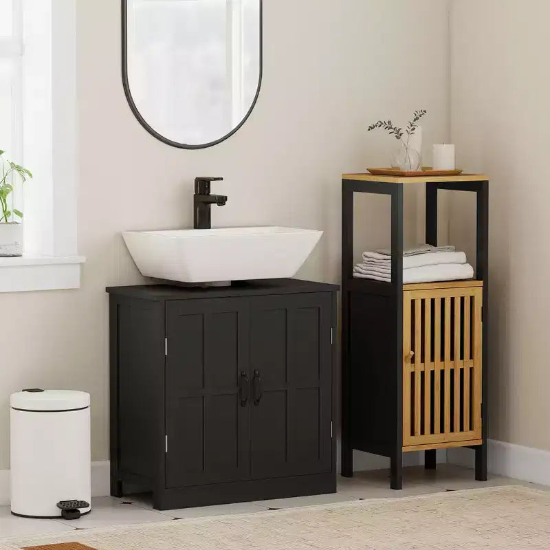 Meuble sous-lavabo double porte, noir/blanc, avec étagère réglable, pour 1