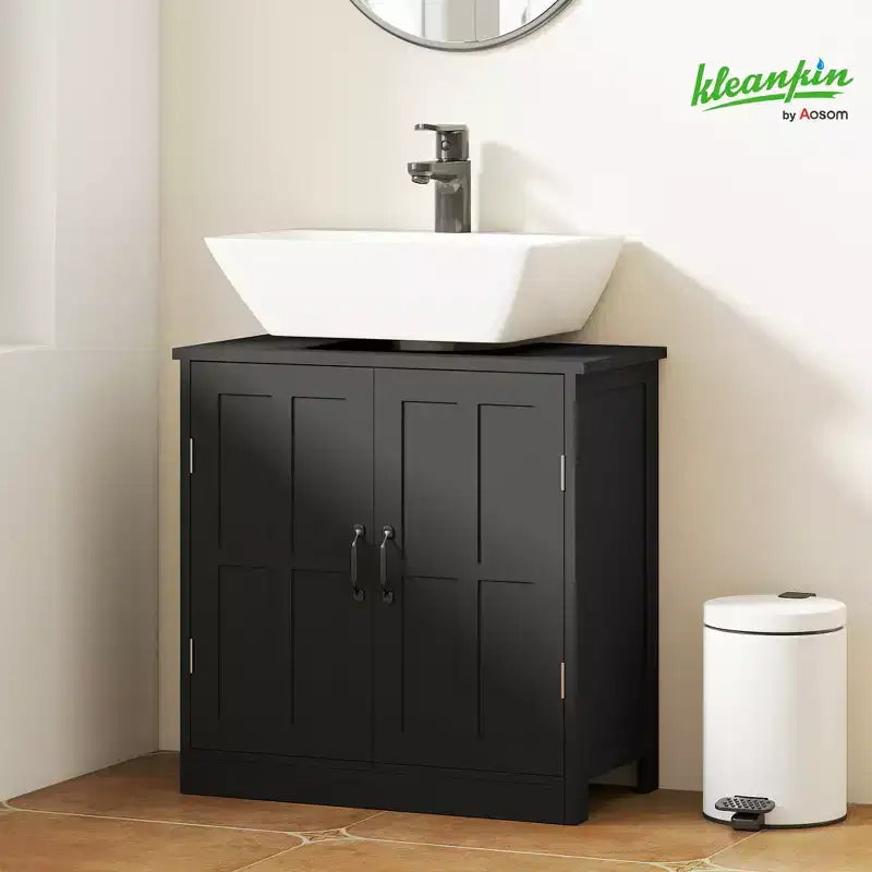 Meuble sous-lavabo double porte, noir/blanc, avec étagère réglable, pour 1
