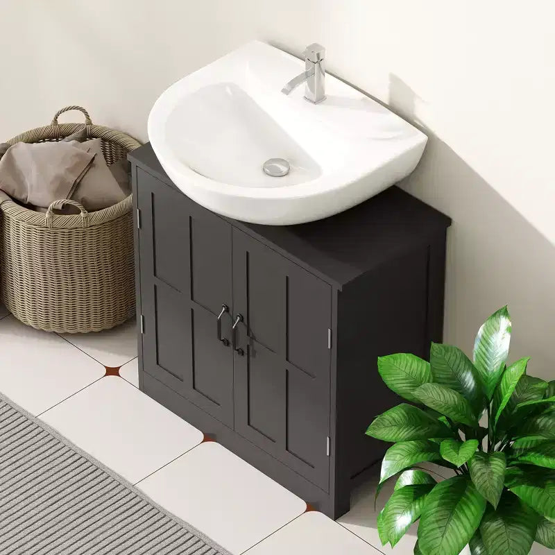 Meuble sous-lavabo double porte, noir/blanc, avec étagère réglable, pour 1