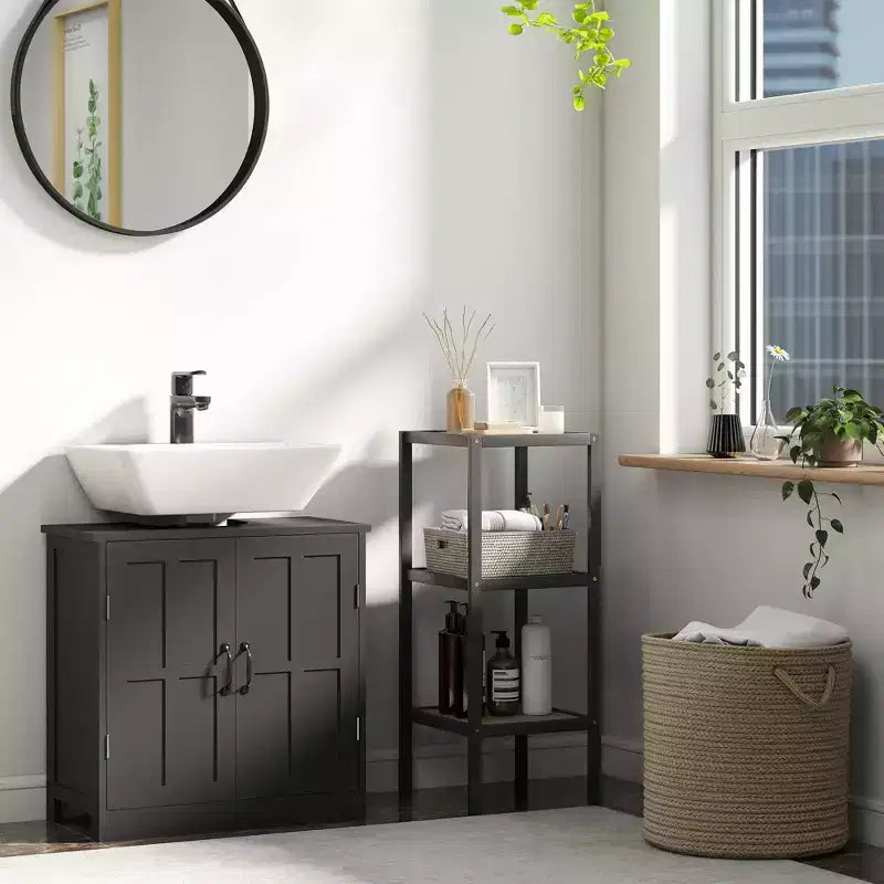 Meuble sous-lavabo double porte, noir/blanc, avec étagère réglable, pour 1
