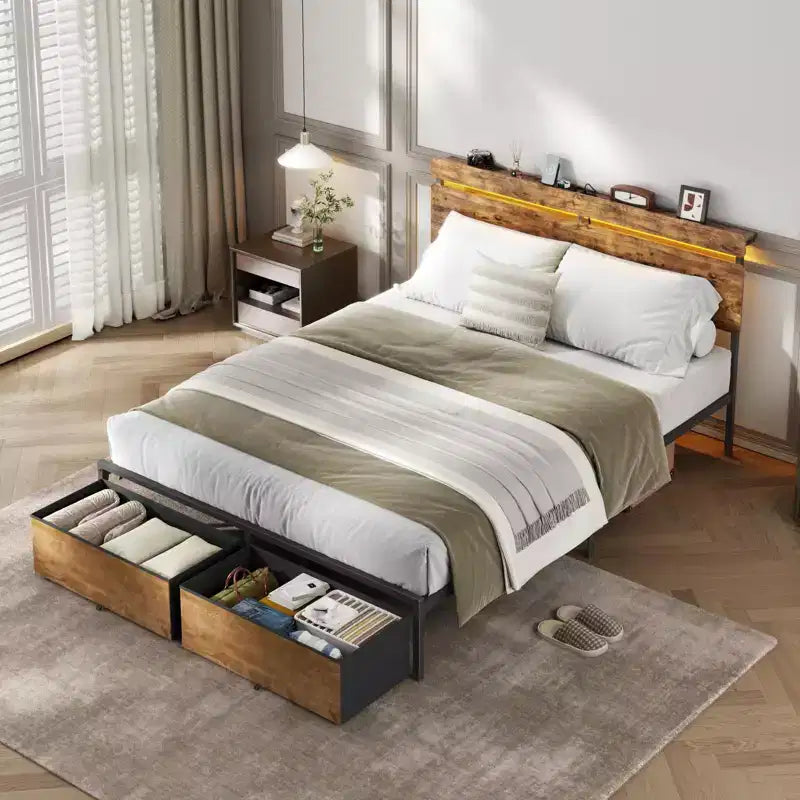 Queen Size Metal Platform Bed Frame with Storage Headboard Shelf 2 Drawers LED Lights Charging Station Vintage Brown Wood No Box Spring Needed