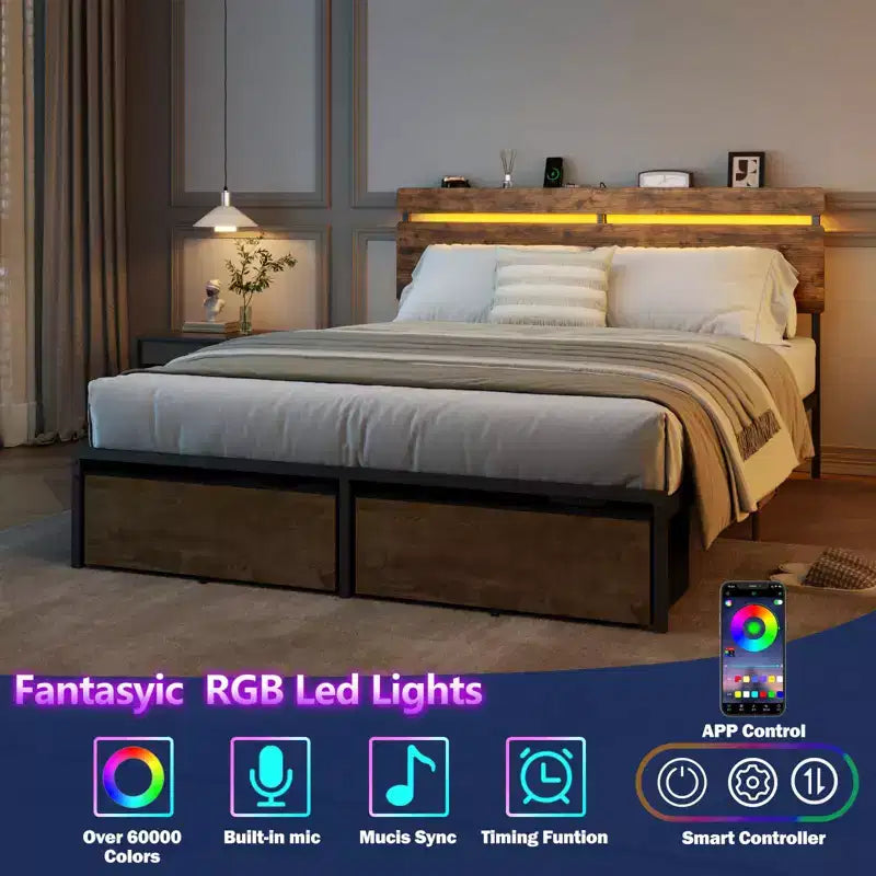 Cadre de lit Queen, Marron Vintage, 2 Tiroirs, Lumières LED & Chargement USB