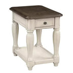 Table d'appoint mi-siècle moderne blanche et marron avec tiroir et étagère ouverte