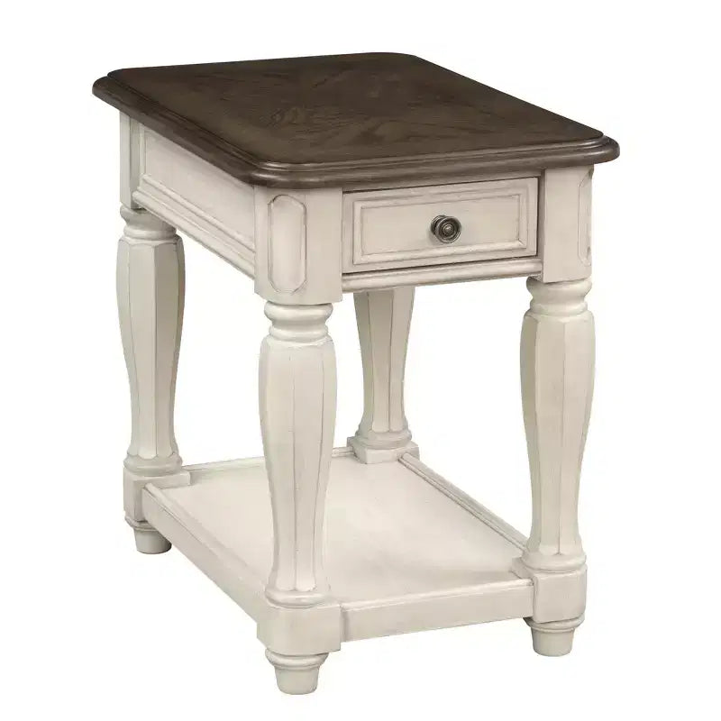 Table d'appoint mi-siècle moderne blanche et marron avec tiroir et étagère ouverte