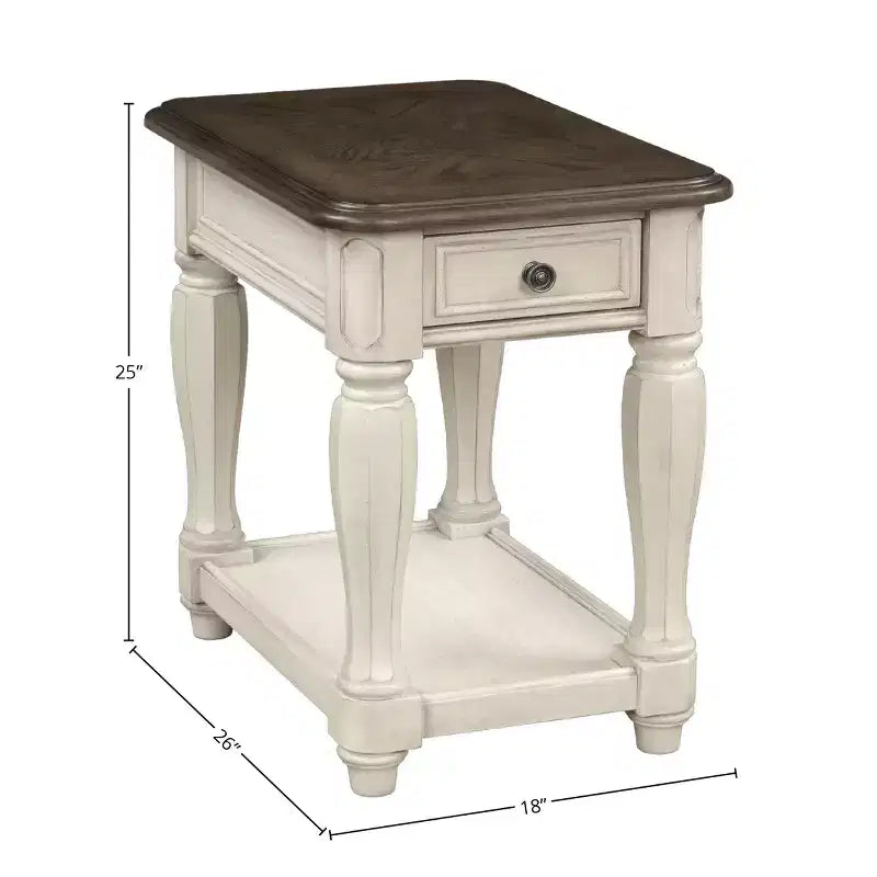 Table d'appoint mi-siècle moderne blanche et marron avec tiroir et étagère ouverte