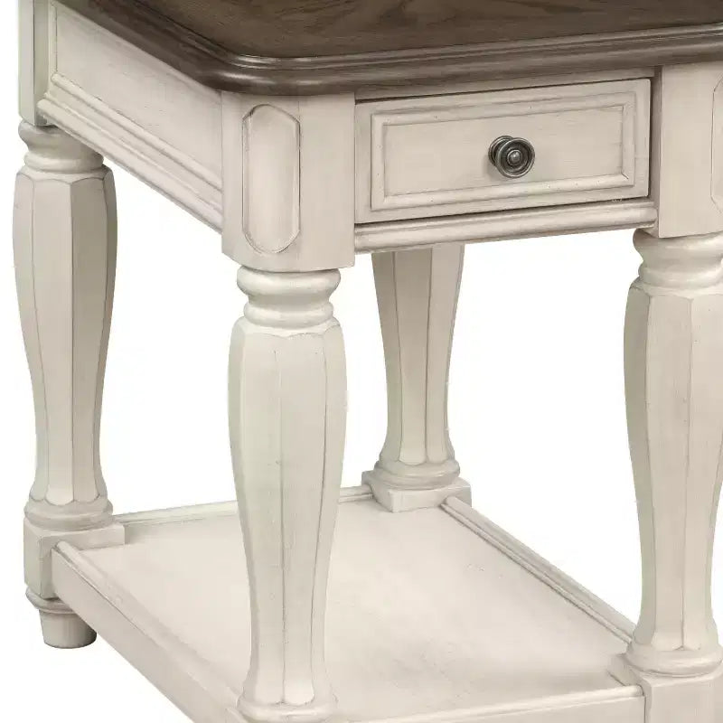Table d'appoint mi-siècle moderne blanche et marron avec tiroir et étagère ouverte