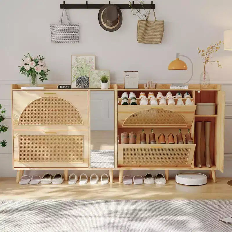 Meuble à chaussures en rotin naturel avec miroir et 2 tiroirs basculants – Peut contenir 20 paires