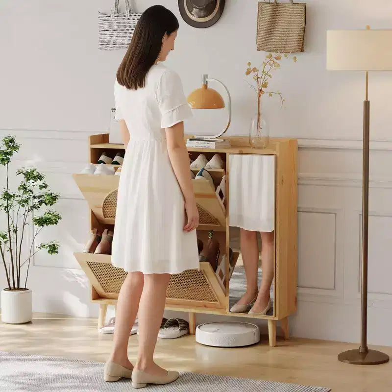 Meuble à chaussures en rotin naturel avec miroir et 2 tiroirs basculants – Peut contenir 20 paires