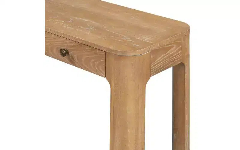 Console en bois brun à pieds ronds, 3 tiroirs, 1 personne