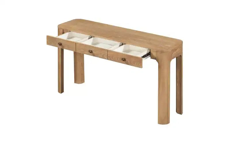 Console en bois brun à pieds ronds, 3 tiroirs, 1 personne