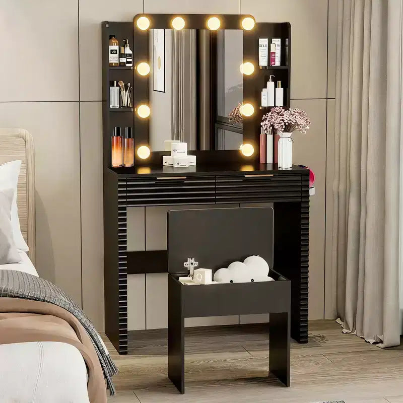 Whisen 43.5 Fluted Makeup Vanity Desk, Dressing Table with Mirror, 5 Drawers, a Glass Door Cabinet, Hairdryer Holder and Stool