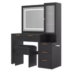 Coiffeuse noire cannelée avec miroir et tabouret, 1 personne