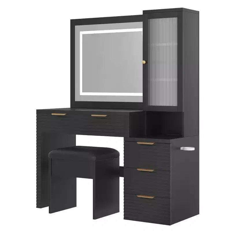 Coiffeuse noire cannelée avec miroir et tabouret, 1 personne