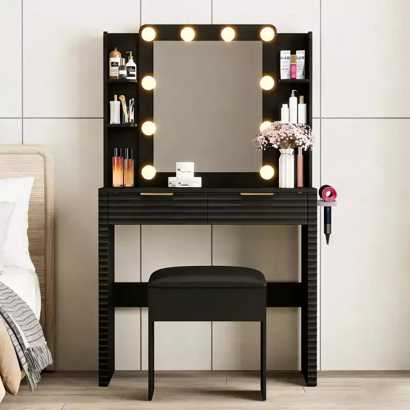 Coiffeuse noire cannelée avec miroir et tabouret, 1 personne