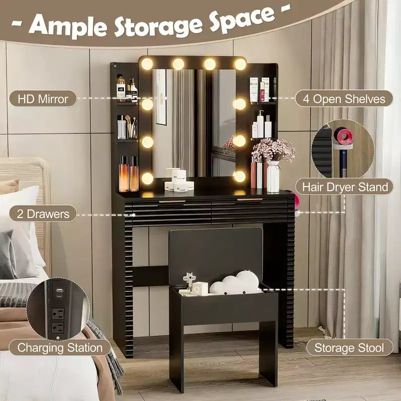 Coiffeuse noire cannelée avec miroir et tabouret, 1 personne