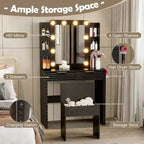 Coiffeuse noire cannelée avec miroir et tabouret, 1 personne