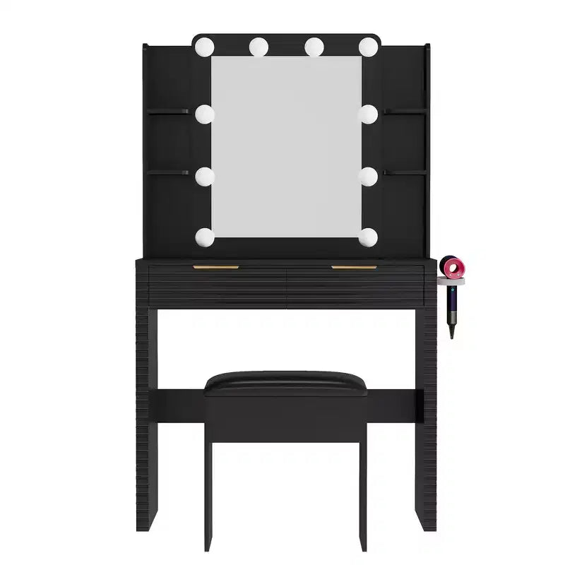 Coiffeuse noire cannelée avec miroir et tabouret, 1 personne