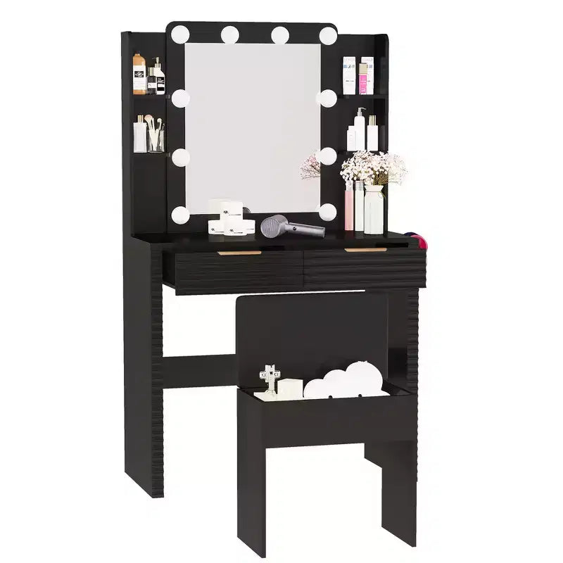 Coiffeuse noire cannelée avec miroir et tabouret, 1 personne