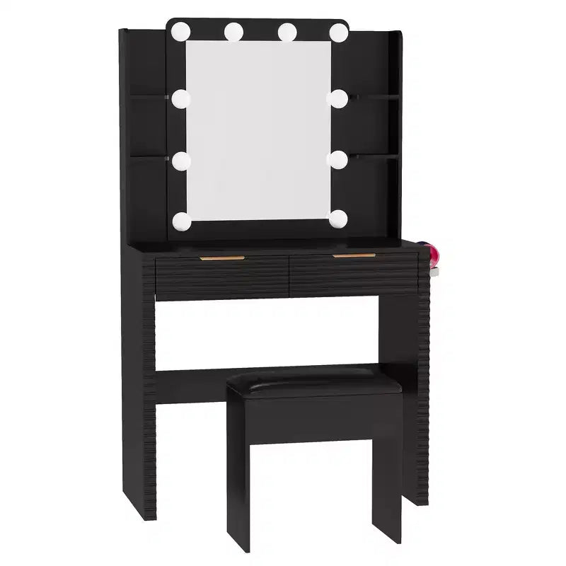 Coiffeuse noire cannelée avec miroir et tabouret, 1 personne