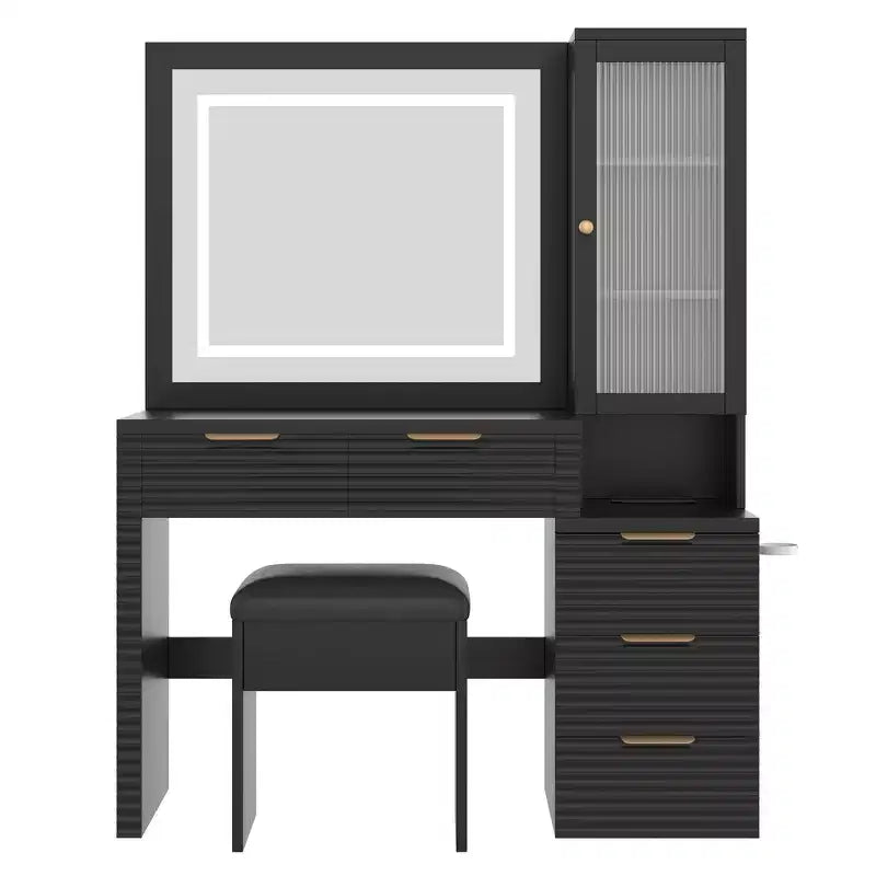 Coiffeuse noire cannelée avec miroir et tabouret, 1 personne