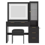 Coiffeuse noire cannelée avec miroir et tabouret, 1 personne