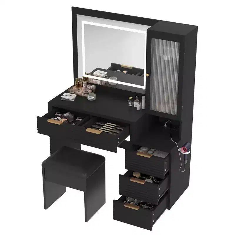 Coiffeuse noire cannelée avec miroir et tabouret, 1 personne