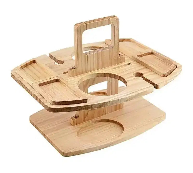Portable Wooden Wine Glass Holder & Snack Tray, Outdoor Picnic Table with Hanging Rack for Backyard, Patio, Camping and Parties