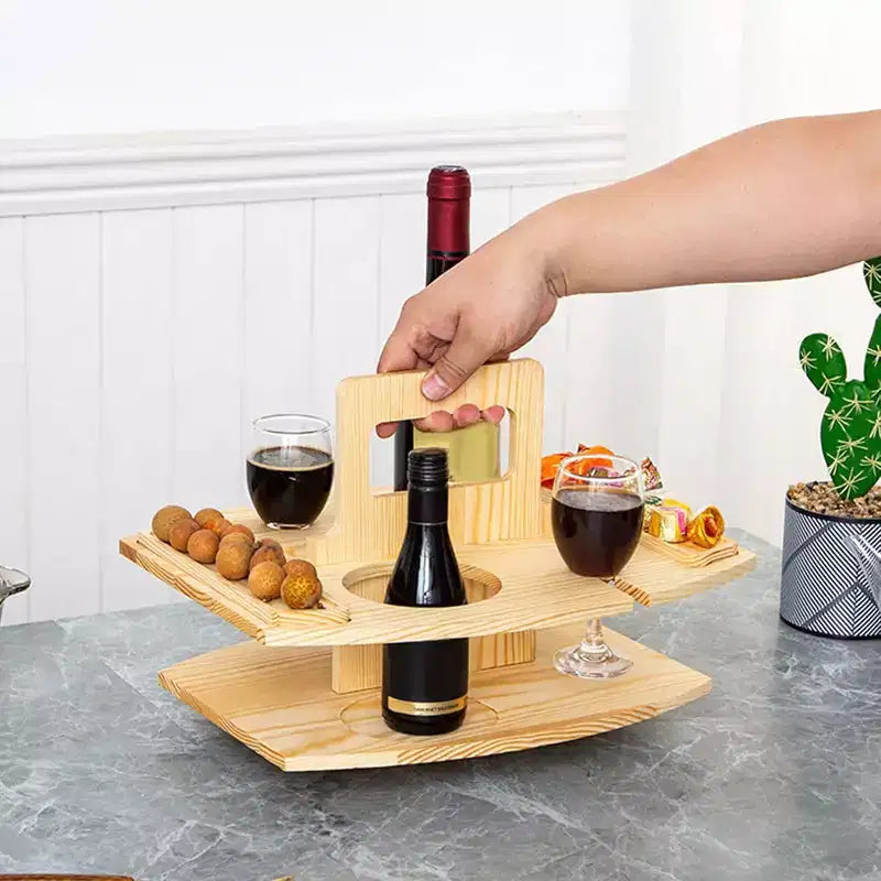 Plateau de service en bois naturel avec porte-verres à vin suspendu, support portable 2-en-1 pour collations et boissons